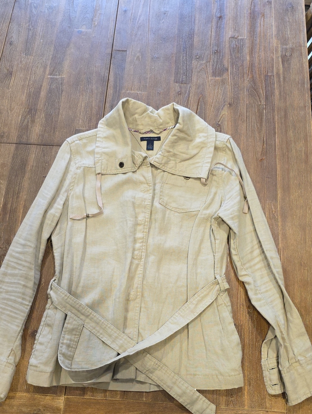 Tommy Hilfiger Linen Light Khaki Belted Trench Jacket